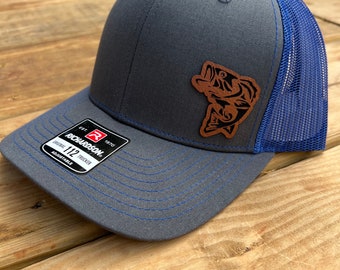 Leather Patched Hat, Bass Fishing Hat, Hat for Fisherman, Fishing Hat, Bass Fish on Hat, Trucker Hat, Snapback Hat, Hats for Cowgirls