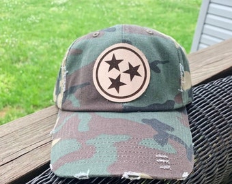 Tennessee Tristar Leather Patched Hat, Trucker Hat, Snapback Hat, Richardson 112 Hat, Engraved Leather Patched Hats, State Hat