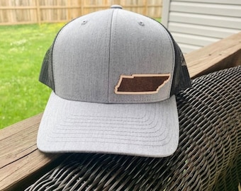 Tennessee State Leather Patched Hat, Trucker Hat, Snapback Hat, Richardson 112 Hat, Engraved Leather Patched Hats, State Hat