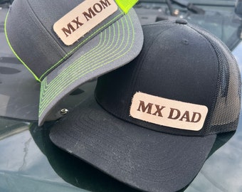 Motocross Leather Patch Hat, Mx Mom Leather Patch Hat, Mx Dad Hat, Snapback Hat, Richardson 112 Hat, Engraved Leather Patched Hats,