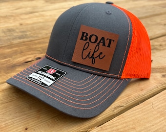 Boat Life Leather Patched Hat, Trucker Hat, Snapback Hat, Richardson 112 Hat, Engraved Leather Patched Hats, Gift for Him, Hat for Boaters