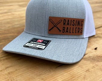 Raising Ballers Leather Patched Hat, Baseball Hat, Trucker Hat, Snapback Hat, Hat for the Ballpark, Engraved Leather Patched Hats