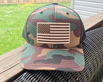 American Flag Leather Patched Hat, Snapback Trucker Hat, Engraved American Flag Hat, Snapback Hat, Engraved Leather Patch Hats