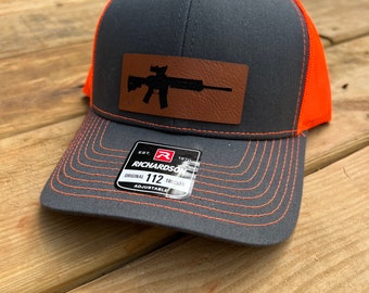 Rifle Leather Patched Hat, Air Assault Rifle Hat, AR Hat, Trucker Hat, Snapback Hat, Richardson 112 Hat, Engraved Patched Hats