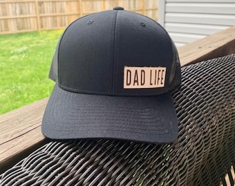 Dad Life Leather Patch Hat, Custom Leather Patch Hat, Trucker Hat, Snapback Hat, Richardson 112 Hat, Engraved Leather Patched Hats,