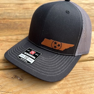 Tennessee State Leather Patched Hat, Trucker Hat, Snapback Hat, Richardson 112 Hat, Engraved Patched Hats, Tennessee Tristar Hat