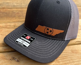 Tennessee State Leather Patched Hat, Trucker Hat, Snapback Hat, Richardson 112 Hat, Engraved Patched Hats, Tennessee Tristar Hat