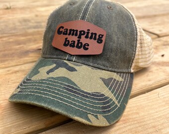 Camping Babe Leather Patched Hat, Camper Hat, Baseball Hat, Trucker Hat, Snapback Hat, Womens Hat, Hat for Her