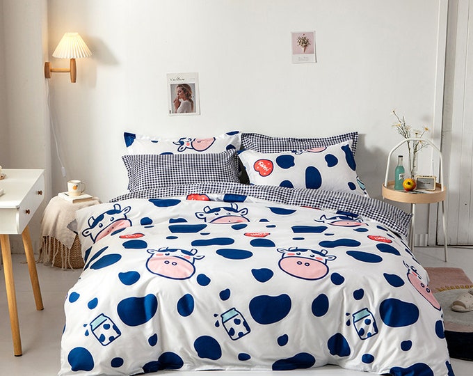 White Bedding Set with Cute Cat Kitty Design  Solstice Home Textile Cyan Duvet Cover Pillow Case and Bed Sheet for Kids