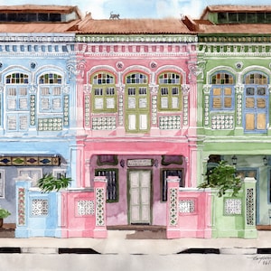 Colourful Peranakan Shop Houses - Joo Chiat Road, Singapore - Watercolour Painting Fine Art Print