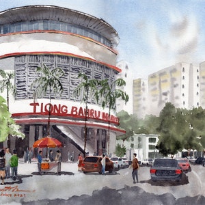 Op de afbeelding: Aquarel schilderij van Tiong Bahru Market in Singapore. Het gebouw is wit met rode randen en de woorden "Tiong Bahru Market" in het rood. Palmbomen en auto's staan voor het gebouw. Het schilderij is gesigneerd en gedateerd oktober 2021.
