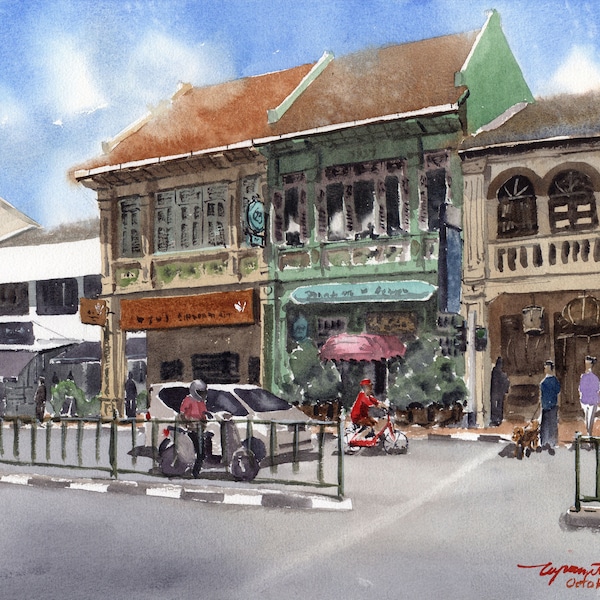 Colourful Peranakan Shop Houses - Katong, East Coast Road, Singapore - Watercolour Painting Fine Art Print