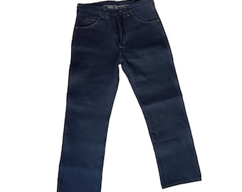 May include: A pair of dark blue denim jeans with a straight leg fit.