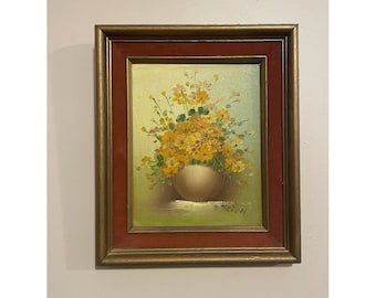 Vintage Original Oil-Acrylic Painting of Flowers-Still Life-on Board in Frame