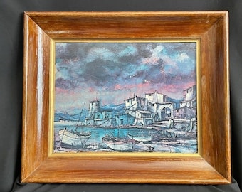 Vintage Cesare Seacoast Village Print in Wood Frame w/ Gold Trim