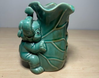 Vintage Ceramic Elephant Hugging Green Glazed Pottery Plant Holder Pencil Holder