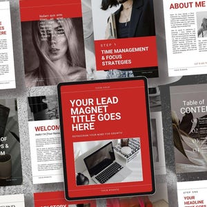 Könnte beinhalten: Eine Sammlung roter und weißer Vorlagen für digitales Marketing mit Texten wie "Your Lead Magnet Title Goes Here" und "Time Management & Focus Strategies". Die Vorlagen zeigen Bilder eines Laptops, einer Frau und andere Designelemente.