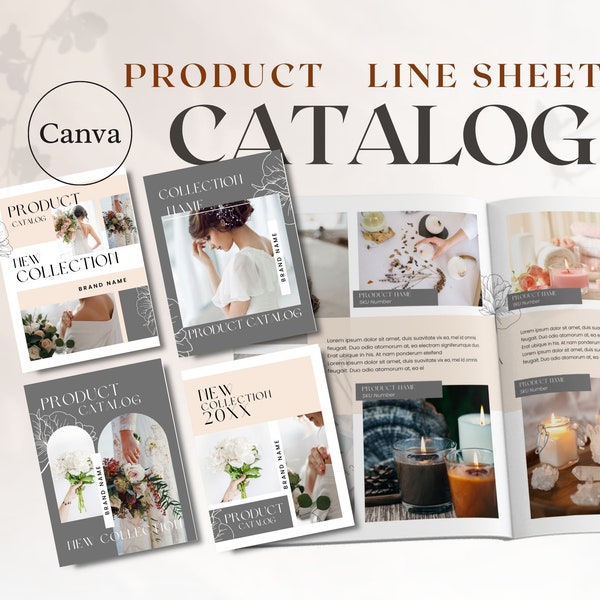 Product catalog Canva template. Wholesale line sheet template. Jewelry, home decor, candle small business price guide