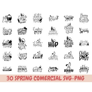 Puede incluir: Una colección de 30 archivos SVG y PNG en blanco y negro con temática primaveral. Los diseños presentan conejos, huevos, zanahorias y texto relacionado con la primavera. Algunos de los textos incluyen "Feliz Pascua", "La primavera está en el aire", "Sigue al conejito" y "Es temporada de caza".