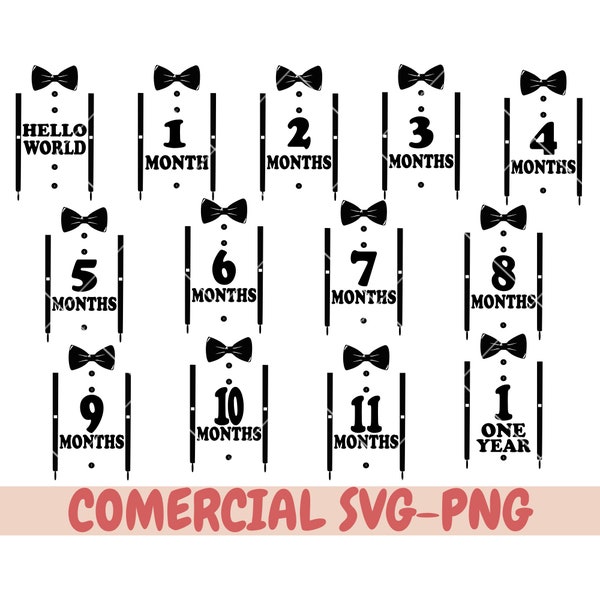 Newborn monthly calendar svg, first year monthly milestone print, newborn svg, onesie boy print,Baby  Month Tie Stickers Monthly Milestone