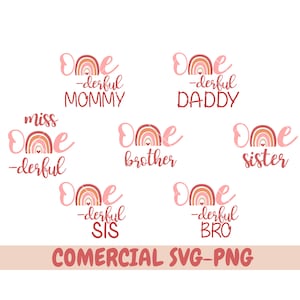 Onederful SVG Bundle, Miss Onederful, Daddy, Mommy, Sister svg, Cursive Boho Rainbow, 1er cumpleaños, un año de edad, un año svg, onederful