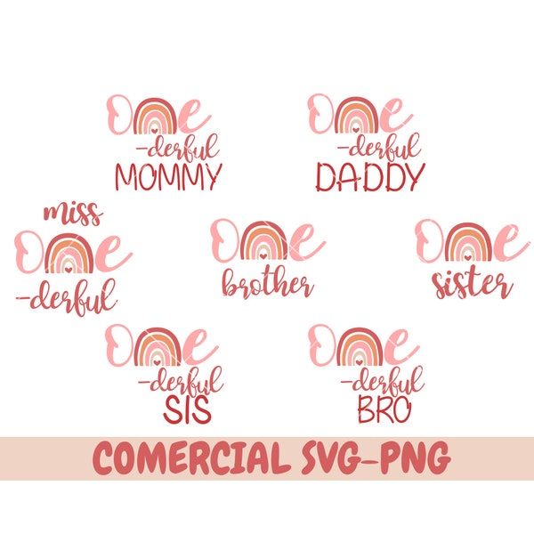 Onederful SVG Bundle, Miss Onederful, Daddy, Mommy, Sister svg,  Cursive Boho Rainbow, 1st Birthday, One Year Old, one year svg, onederful
