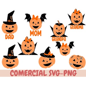 Könnte beinhalten: Satz von neun Halloween-Kürbis-SVG-Dateien mit verschiedenen Familienmitgliedstiteln, darunter "Papa", "Mama", "Opa", "Oma" und andere. Die Kürbisse sind orange mit schwarzen Augen, Nasen und Mündern, und einige haben zusätzliche Details wie Hüte, Schleifen und Flügel.