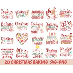 May include: Twenty Christmas baking SVG and PNG designs featuring festive phrases like "Cookies for Santa", "Baking Spirits Bright", "Christmas Baking Queen", and "Let's Get Baked".