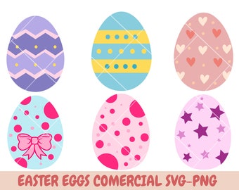 May include: Six different Easter egg designs with various patterns, including polka dots, hearts, stars, and stripes. The eggs are all in pastel colors, including pink, blue, purple, and yellow.