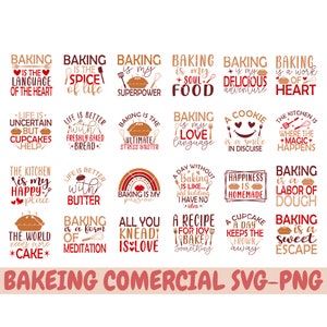 May include: A collection of 16 colourful baking-themed SVG and PNG files. The designs feature various baking-related quotes and illustrations, such as "Baking is the language of the heart", "Baking is my superpower", "Life is better with butter", and "All you knead is love".