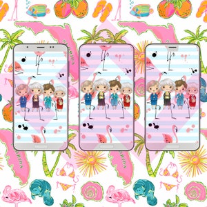 May include: Three phone mockups with a pink and white striped background. The background features a pattern of flamingos, palm trees, oranges, and flip flops. The phone screens feature a cartoon image of five women with blonde hair and pink clothing. The text "Florida" is visible on the left phone mockup.