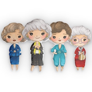 May include: Four cartoon figures of older women, each with unique hairstyles and outfits. The figures are in various colors, including blue, black, teal, and red. Each figure has a smiling expression and is wearing jewelry.