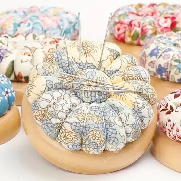 Free Gift W/Wooden Base Pin Cushion with Cotton Floral Fabric and Needle Minder