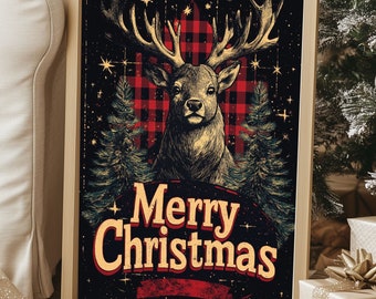 Vintage kerstposter met rendieren, rustiek boerderijdecor