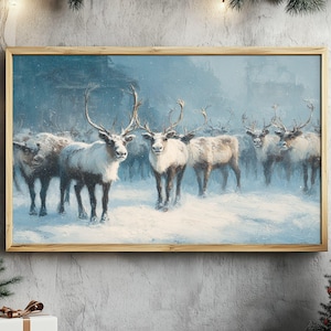 Póster vintage de renos, lámina de Papá Noel, decoración navideña vintage, decoración rústica de granja, arte navideño, póster de paisaje invernal
