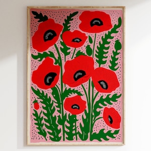 Impresión vintage de amapolas rojas, póster de amapolas rojas coloridas, arte floral para pared, póster botánico, impresión de flores, estilo Matisse, amapolas rojas retro