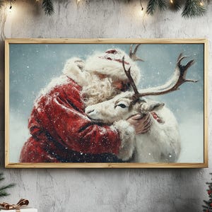 Vintage Santa Claus and Reindeer oil Painting Print, Father Christmas Print, Vintage Christmas Decor, Christmas Art, Dark Academia Print