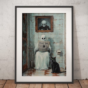 Ghost Reading Newspaper on Toilet Print, Dark Academia, Whimsical Ghost Bathroom Portrait Halloween Vintage Poster, Gothic Painting