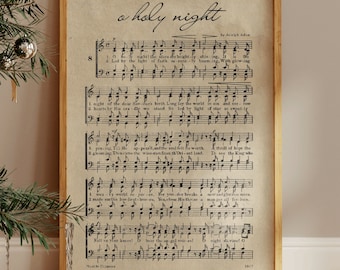 O Holy Night Christmas Song Music Sheet, Christmas Song Poster, Christmas Wall Art, Christmas Room Decor, Vintage Christmas Art. X-Mas Song