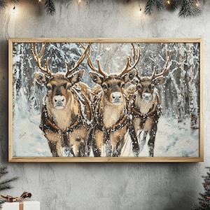 Póster vintage de renos, impresión de Papá Noel, decoración navideña vintage, decoración rústica de granja, arte navideño, póster de paisaje invernal