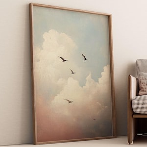 Impresión de pintura al óleo vintage que representa pájaros volando en el cielo, colores apagados, tonos neutros, arte de pared grande, póster minimalista, cielo rosa