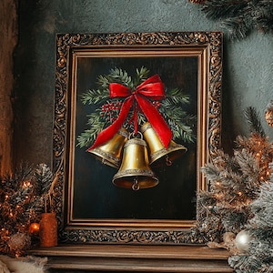 May include: A framed painting depicting a Christmas wreath with a red bow and gold bells hanging from it. The painting is set against a dark green background and is displayed on a wooden shelf with a Christmas tree and a chair in the background.