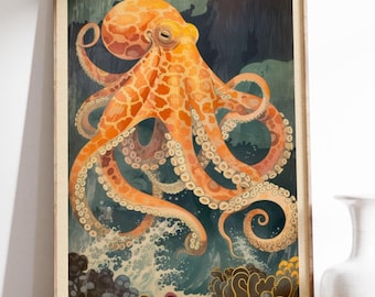 ヴィンテージのタコの絵画、日本のタコの版画、落ち着いたグリーンの