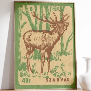 Impressão de caixa de fósforos de veado, impressão de rena vintage, arte de parede de veado, etiqueta de caixa de fósforos húngara. Impressão de caixa de fósforos, decoração de parede rústica de veado, arte de rena