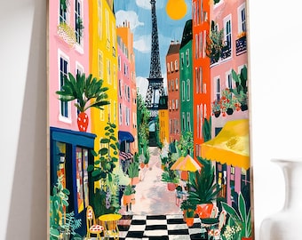 Colorful Paris Street Art Print, Eiffel Tower Painting, French Cityscape Poster