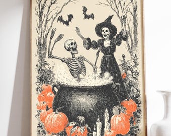 Vintage Halloween Print, Skelett, Hexe, Gruselige Kunst