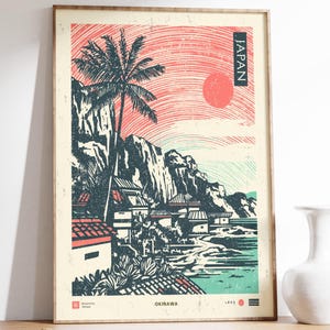 Póster de viaje de Okinawa, impresión de viaje japonesa, póster del océano, arte mural de Tokio, impresión japonesa, impresión de Okinawa, estilo vintage, costa japonesa