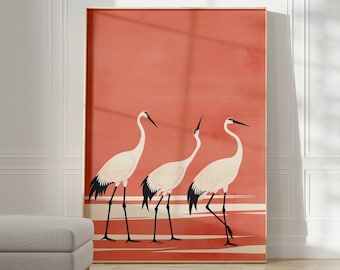 Estampa japonesa de grulla, pintura antigua de aves, arte mural Japandi