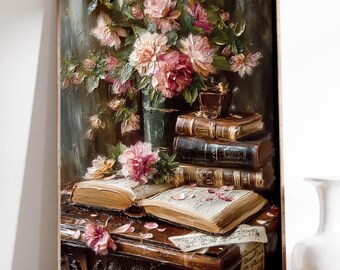 Vintage Pink Flowers and Books Art Print, Dark Academia Decor