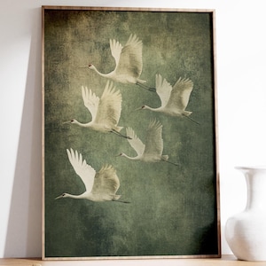 Japandi Flying Cranes Painting, Japanese Crane Print, Muted Green Tones, Antique Japan Bird Painting, Modern Japanese Wall Art, Bird Image